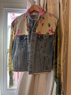 Vintage Upcycled Denim Jacket | Floral Patchwork Fringe
